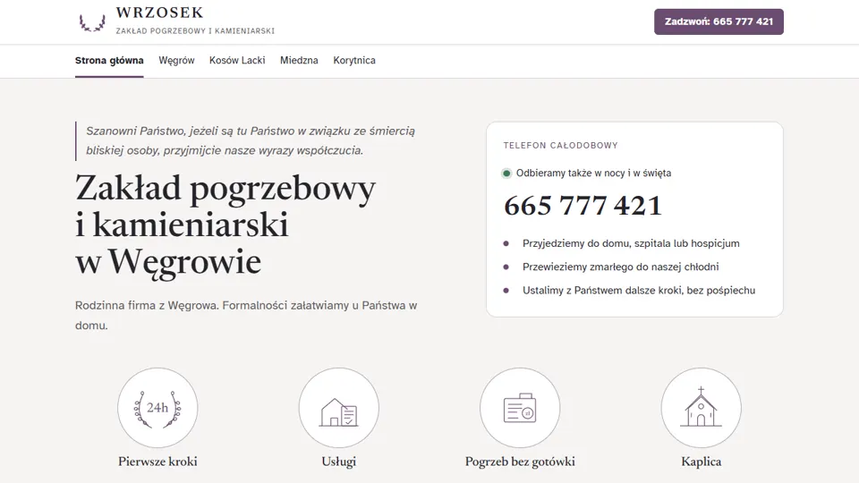 Projekt strony zakładu pogrzebowego Wrzosek